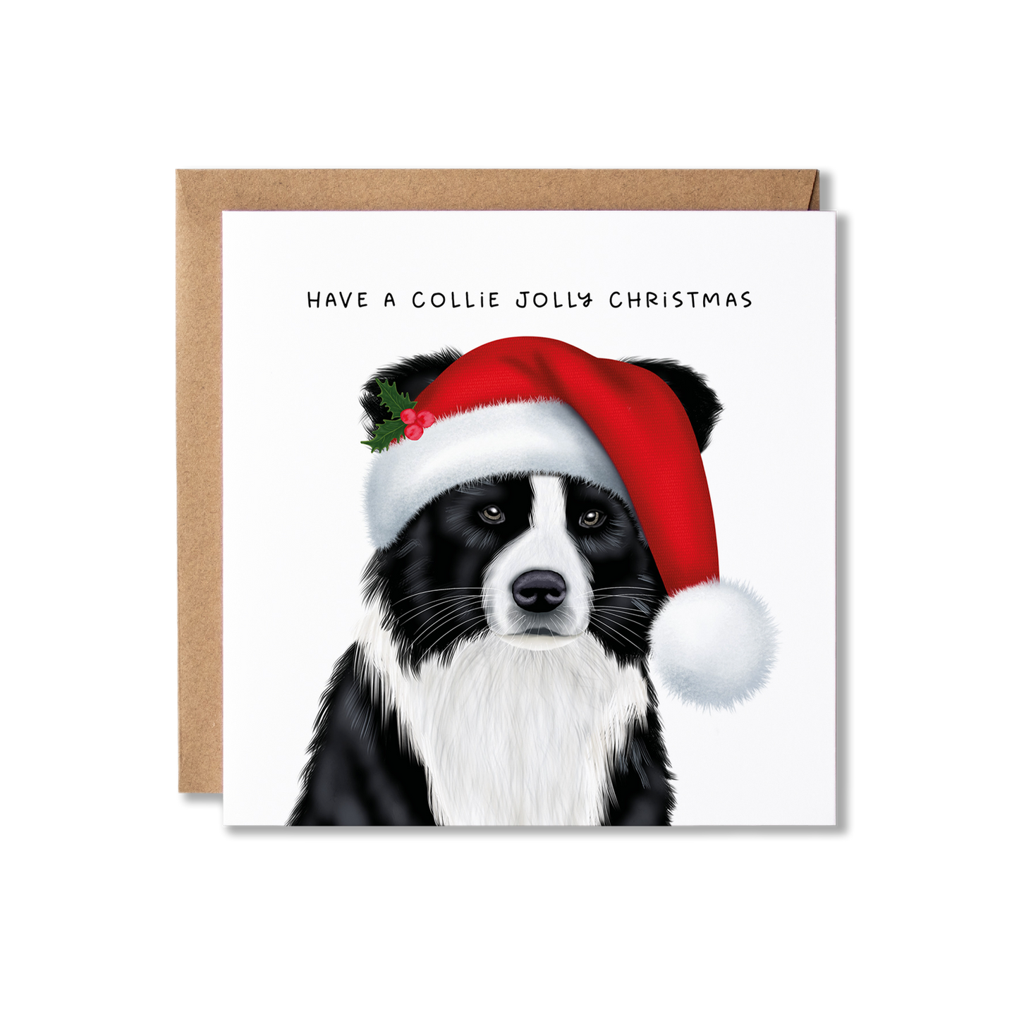 Illustration of a Border Collie Dog in a Santa Hat Christmas Card with the phrase Have a Collie Jolly Christmas at the top