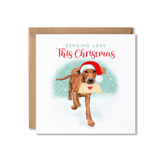 Christmas card with illustration of a Vizsla dog running, wearing a Santa hat and carring an envelope that has a heart seal on it with the message Sending Love This Christmas.