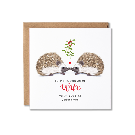 Christmas card with illistration of a couple of hedgehogs sitting underneath some springs of mistletoe tied in a red ribbon with a small red heart shape between them, with the message To My Wonderful Wife.