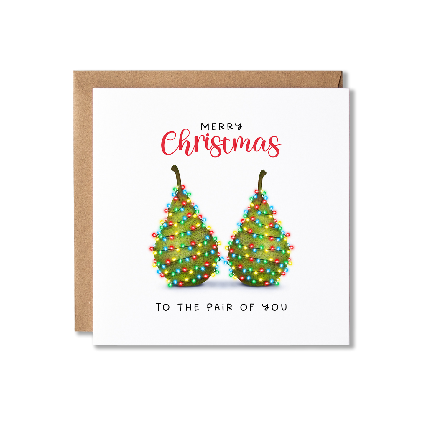 Christmas card with Illustration of two green pears and Christmas lights around them with the message, Merry Christmas to the pair of you.