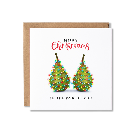 Christmas card with Illustration of two green pears and Christmas lights around them with the message, Merry Christmas to the pair of you.