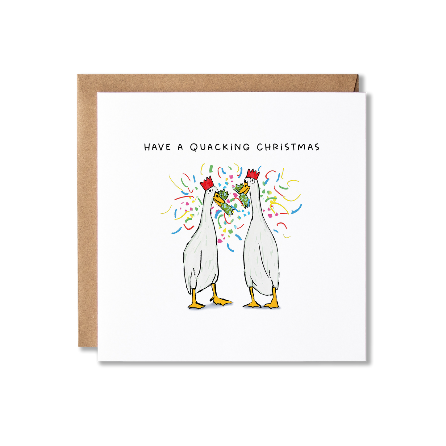 Christmas card with illustration of two white ducks in party hats pulling a cracker with the message, Have a quacking Christmas.