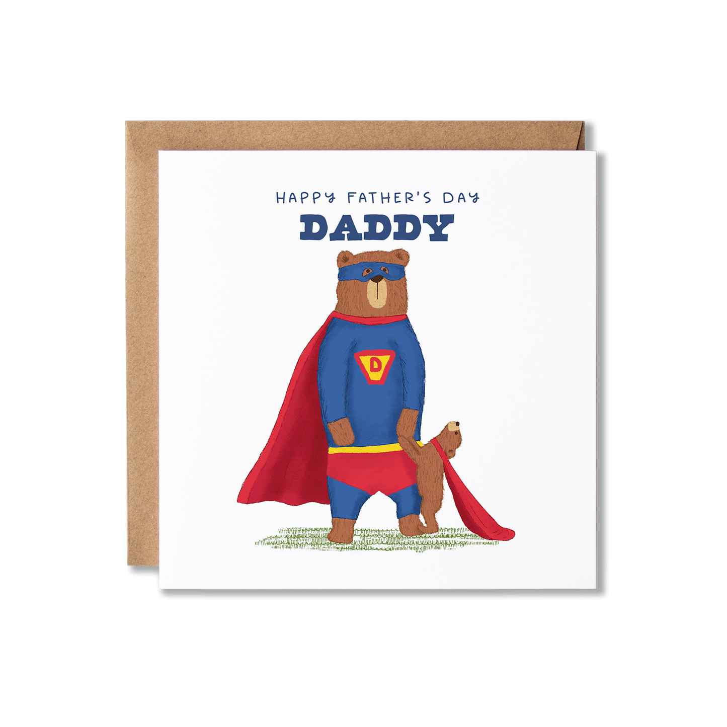 Father's Day card with illustration of a bear standing on back legs wearing a blue and red super hero costume, with a bear cub stood in front holding his hand, wearing a red cape with the message Happy Father's Day Daddy.