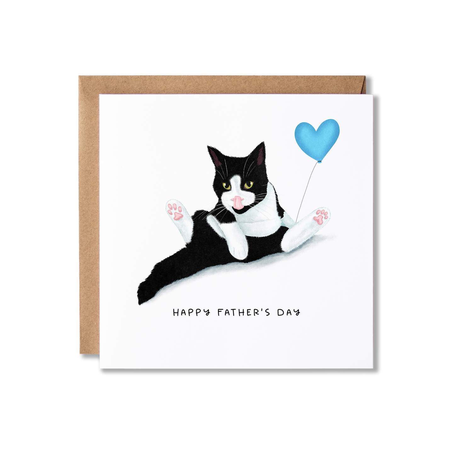 Father's Day card with illustration of a black and white cat sat in a funny position having a wash holding a blue heart balloon with the message Happy Father's Day.