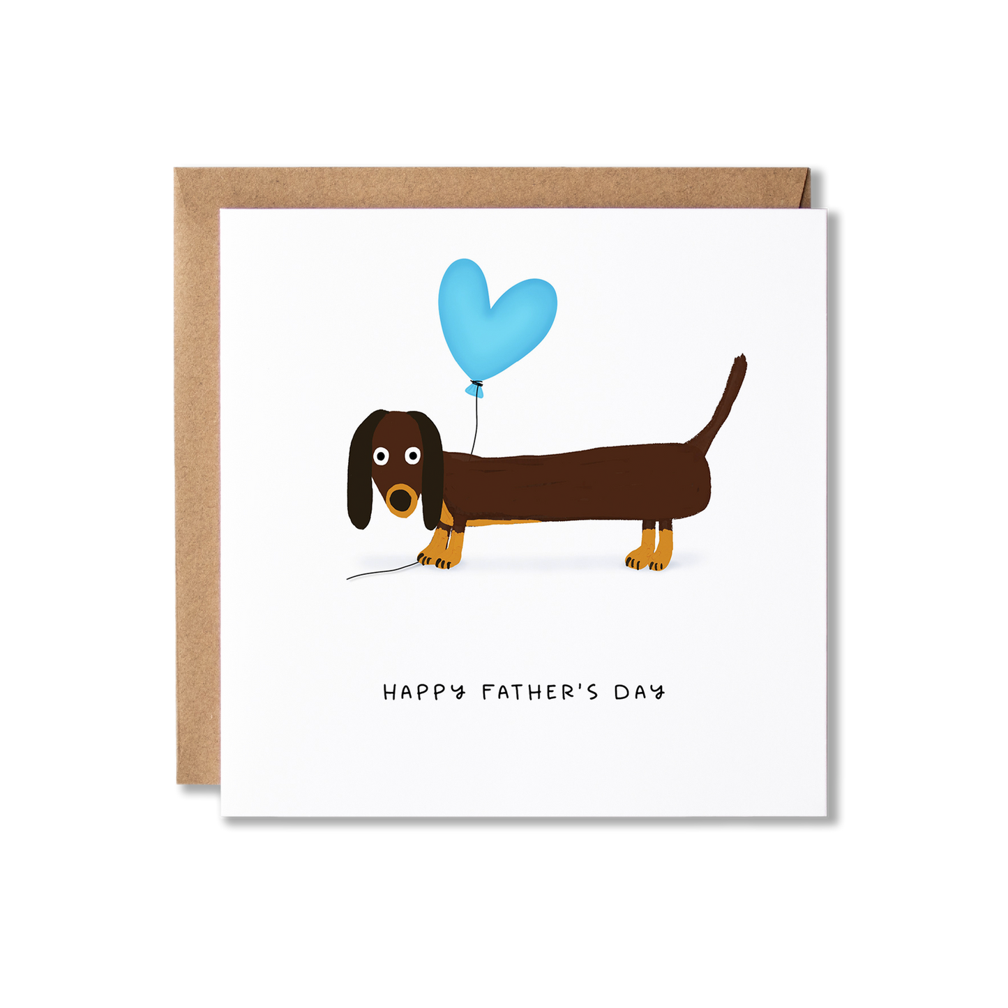 Father's Day card with illustration of a Dachshund sausage dog holding a blue heart balloon with the message Happy Father's Day underneath.
