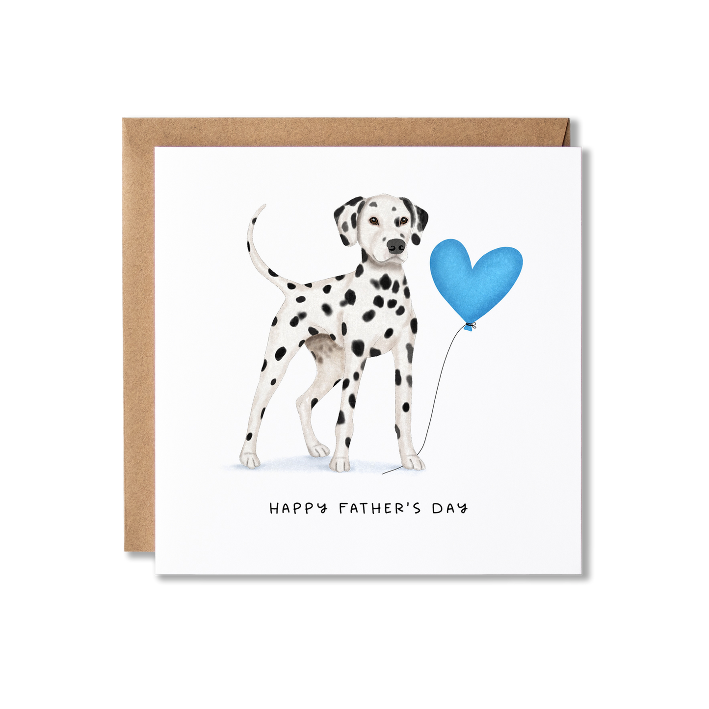 Father's Day card with illustration of a Dalmatian dog standing holding a blue heart ballon and the message Happy Father's Day.