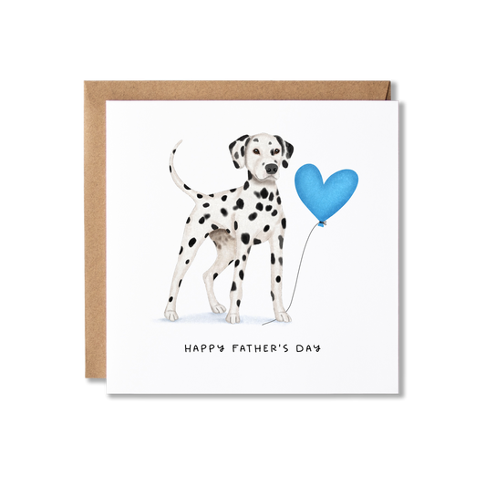 Father's Day card with illustration of  a Dalmatian dog standing holding a blue heart ballon and the message Happy Father's Day.