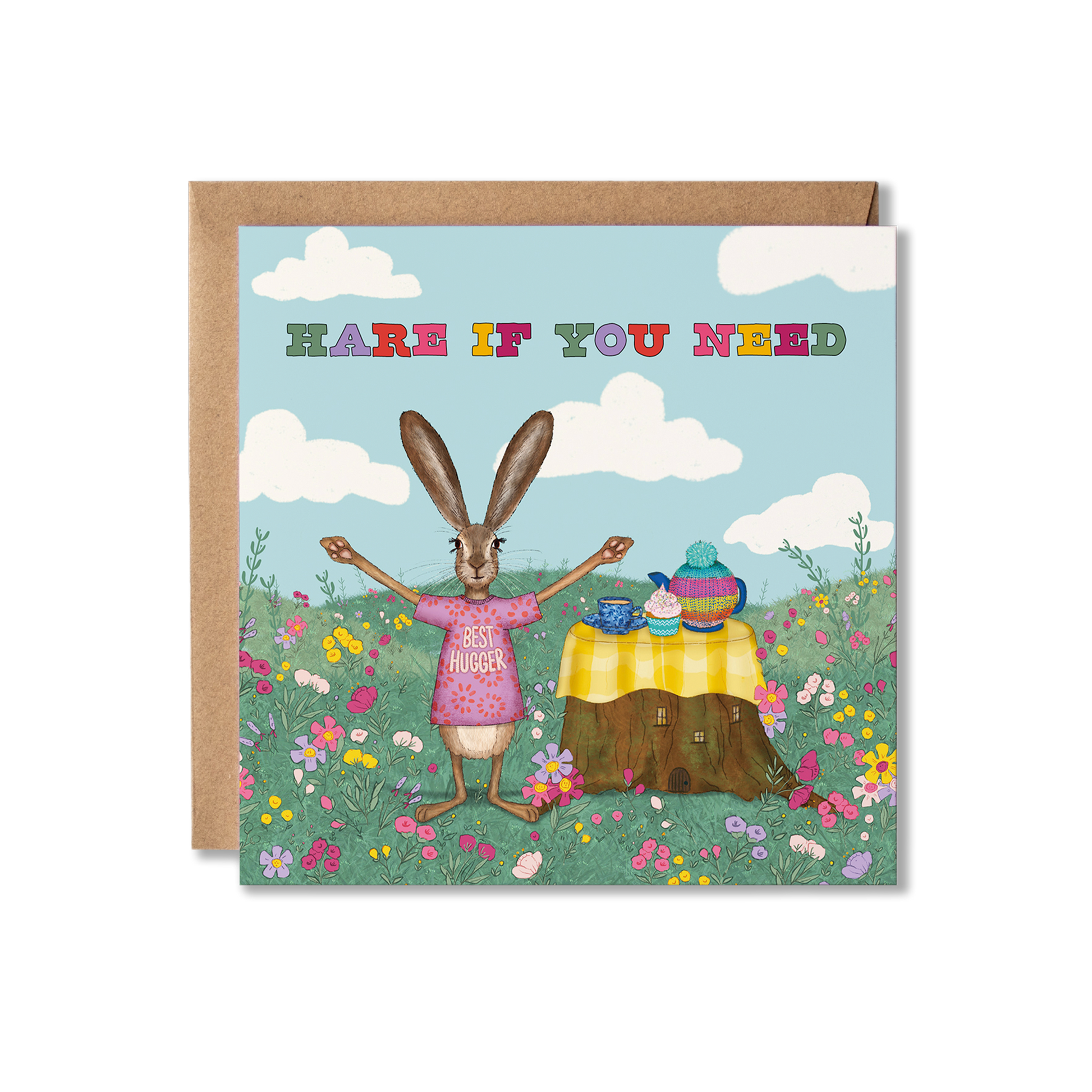 Illustration of a hare with a best hugger t-shirt of stood with its arms out, next to a tree stump that has a coup of tea, a teapot and a cake on it. Blue sky has clouds in it with the colourful words saying Hare if You Need. Thinking of You greeting card.