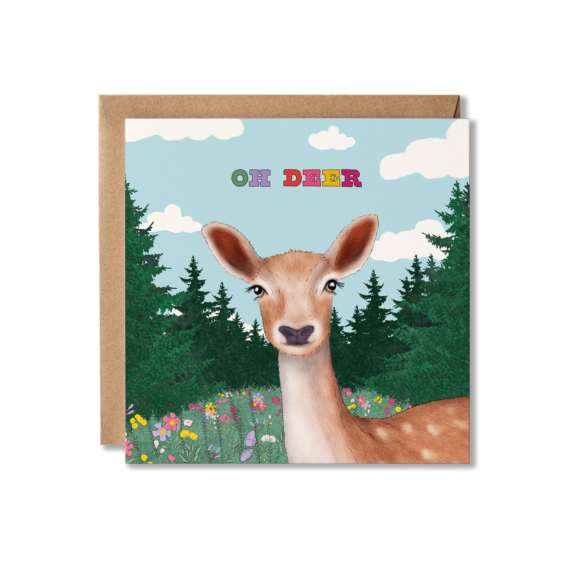 Illustration of a deer in a flower meadow with trees surrounding it. The blue sky has clouds in it with the words Oh  Deer in colourful letters. Thinking of You greeting card.