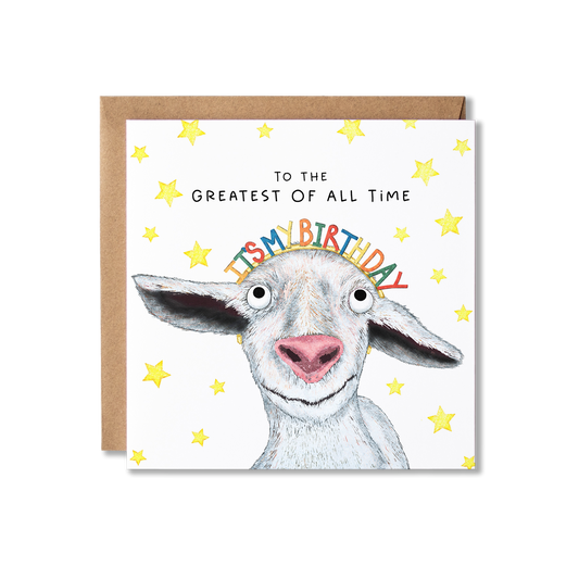 Birthday card with illustration of a goat wearing a 'It's my Birthday' headband and stars in the background with the message Happy Birthday to the Greatest Of All Time.