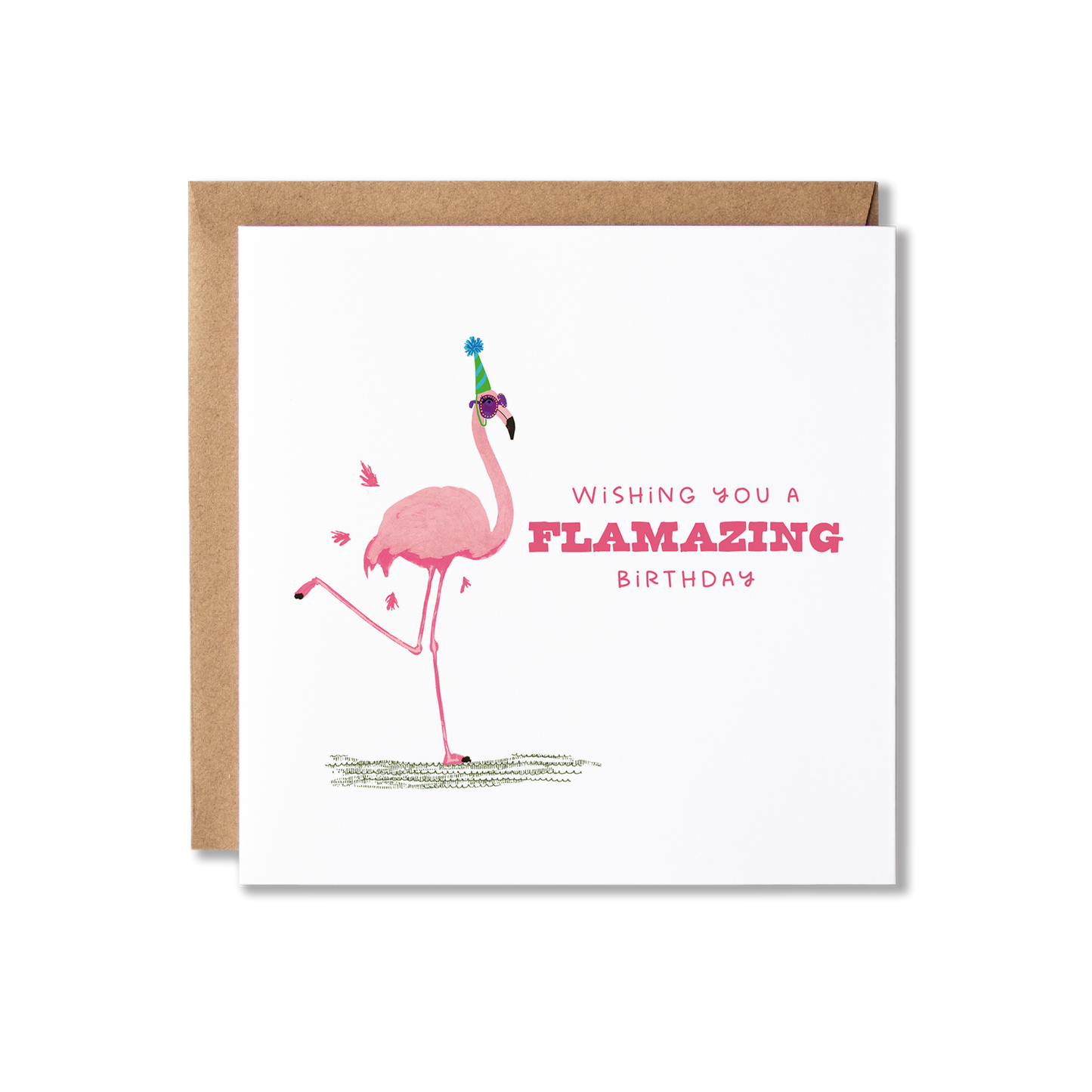 Birthday card with illustration of a flamingo with one leg up in a party and wearing purple glasses wth the message Have a flamazing Birthday.