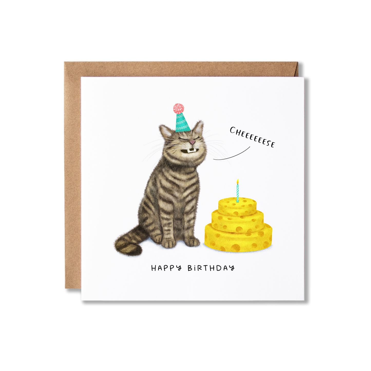 Birthday card with illustration of a tabby cat sat grinning in a green party hat with a stack of cheeses in front of it with a single candle so looks like a cake, saying Cheese and the message Happy Birthday.