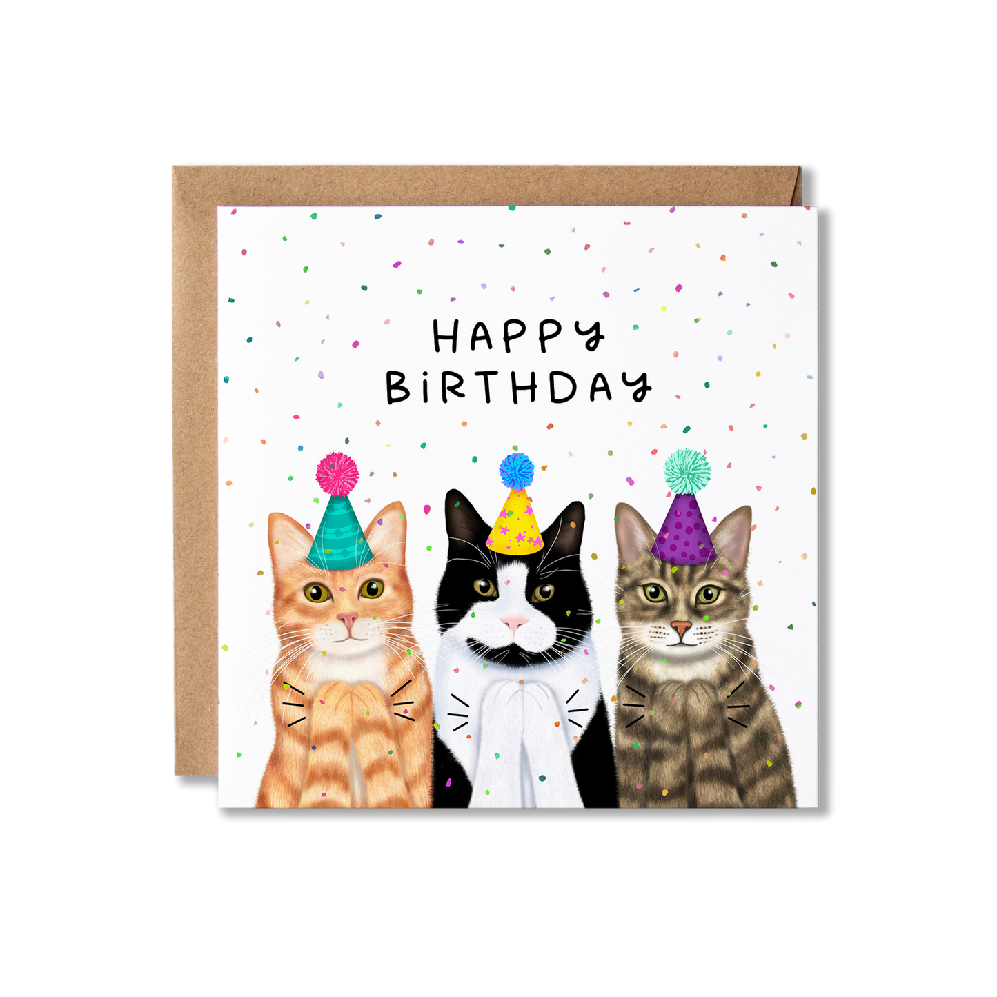 Birthday card with illustration of three cats clapping with party hats on and confetti in the background with the message Happy Birthday.