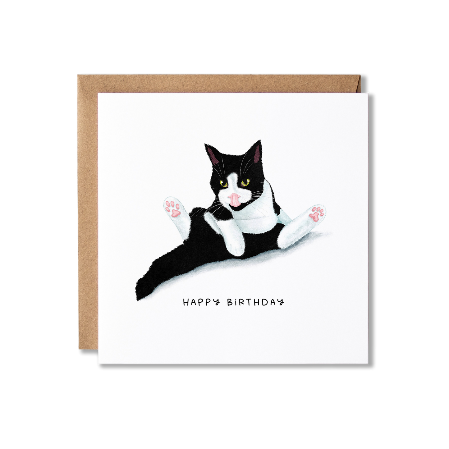 Birthday card with illustration of a black and white cat sat in a funny position having a wash with the message Happy Birthday.