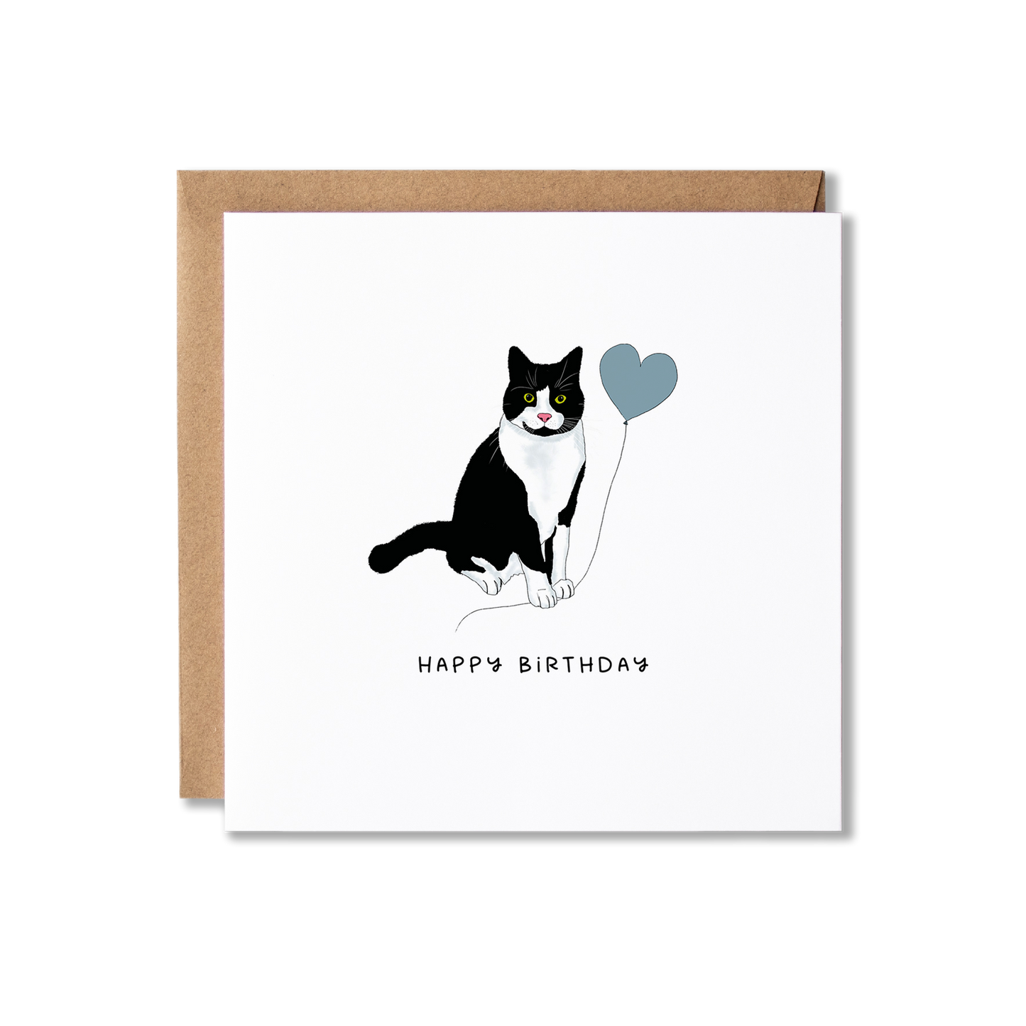Birthday card with illustration of a black and white tuxedo cat holding a blue balloon and the message Happy Birthday.