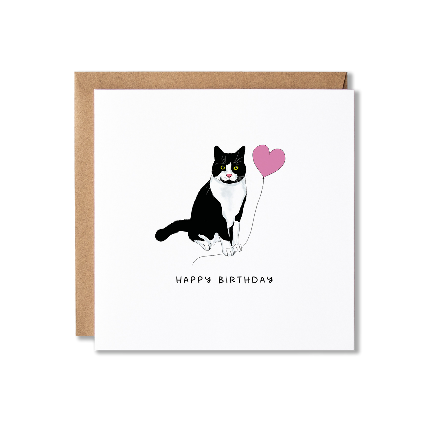 Birthday card with illustration of a black and white tuxedo cat holding a pink balloon and the message Happy Birthday.