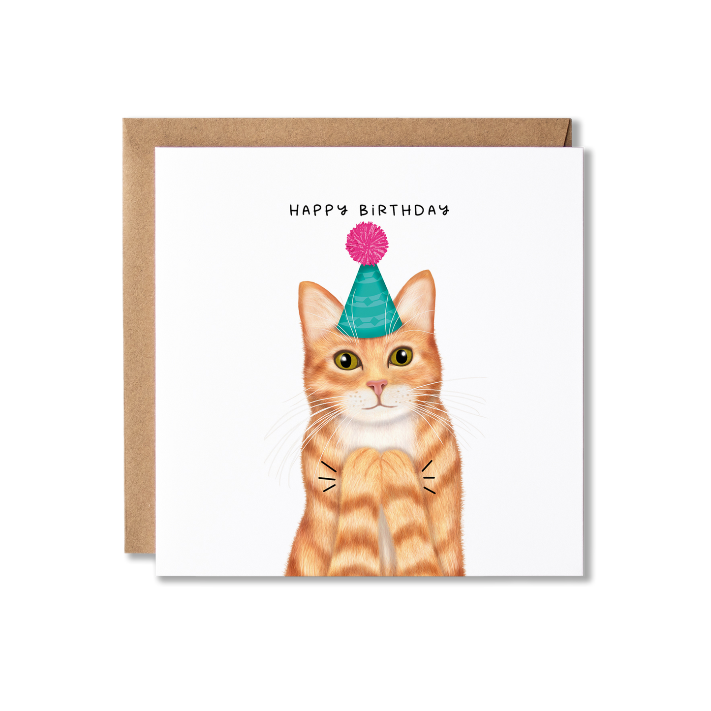 Birthday card with illustration of a ginger cat in a green party hat and pink bobble on top clapping, with the message Happy Birthday.