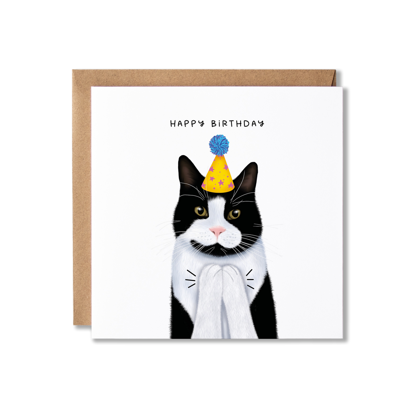 Birthday card with illustration of a black and white cat in a yellow party hat with a blue bobble on top, clapping with the message Happy Birthday.