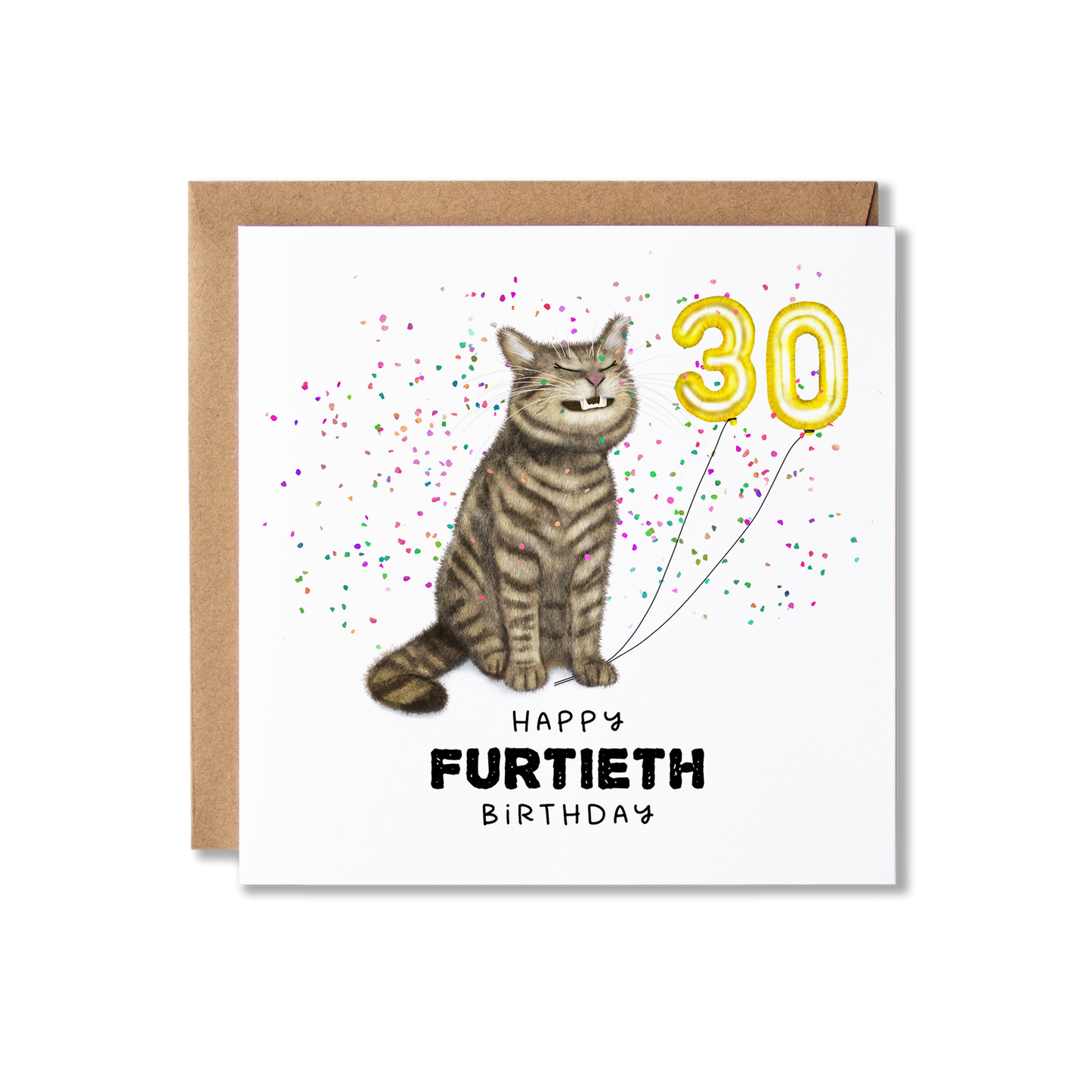 Birthday card with illustration of a tabby cat sat grinning holding gold 3 and 0 balloons with confetti in the background and the message Happy Furtieth Birthday.