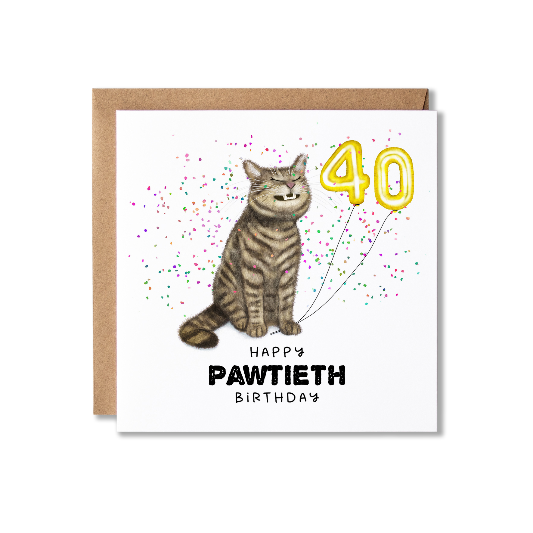Birthday card with illustration of a tabby cat sat grinning  holding gold 4 and 0 balloons with confetti in the background and the message Happy Pawtieth Birthday.