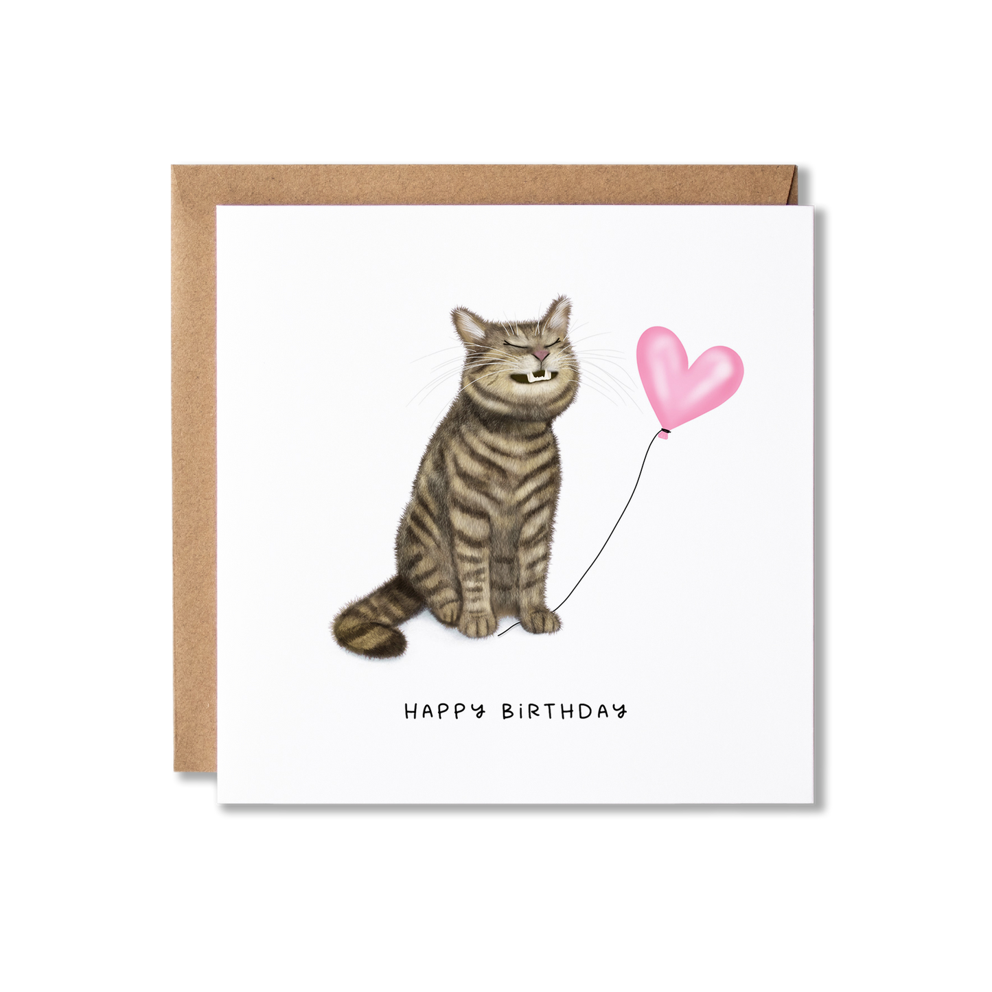 Birthday card with illustration of a tabby cat sat grinning holding a pink heart ballon the message Happy Birthday.
