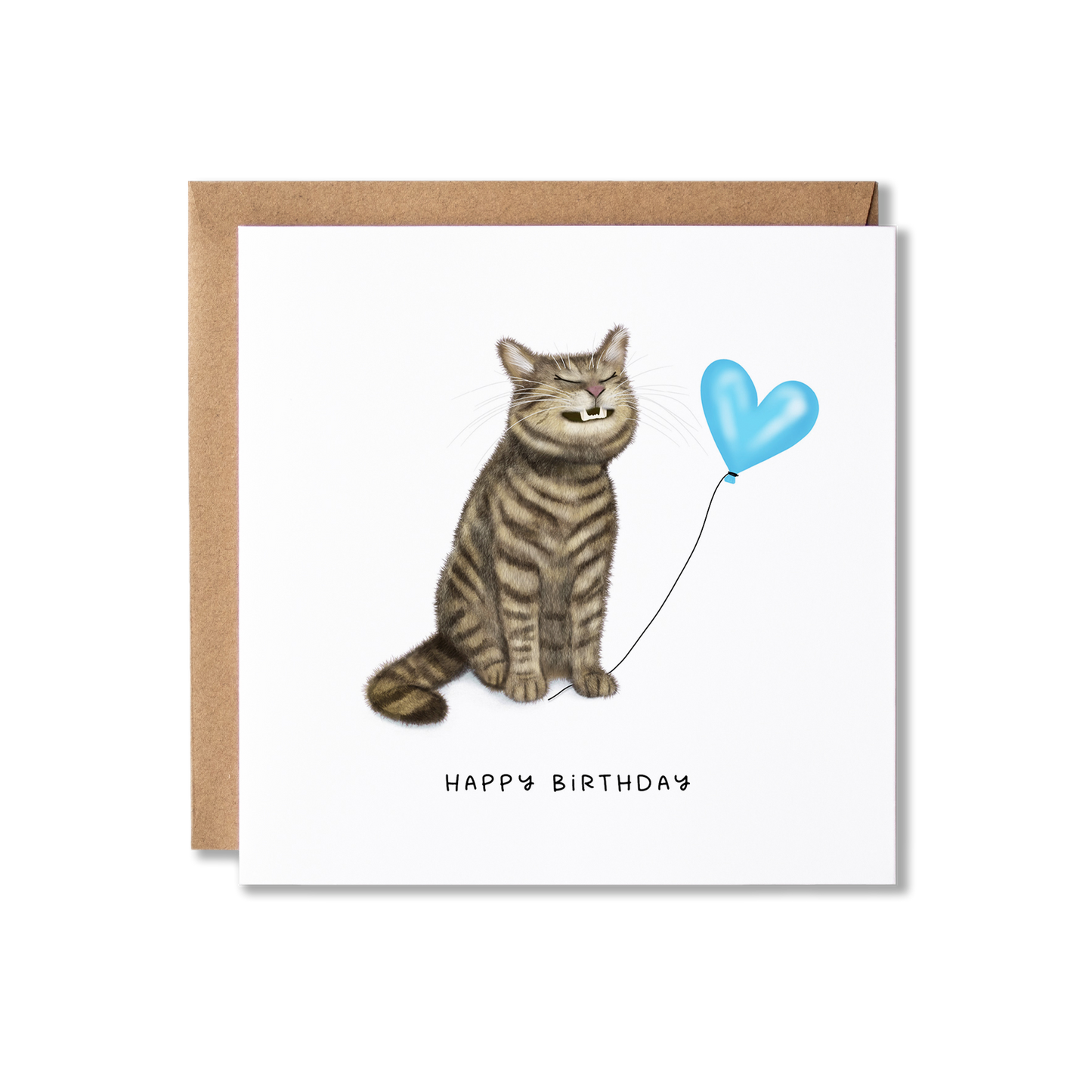 Birthday card with illustration of a tabby cat sat grinning holding a blue heart ballon the message Happy Birthday.