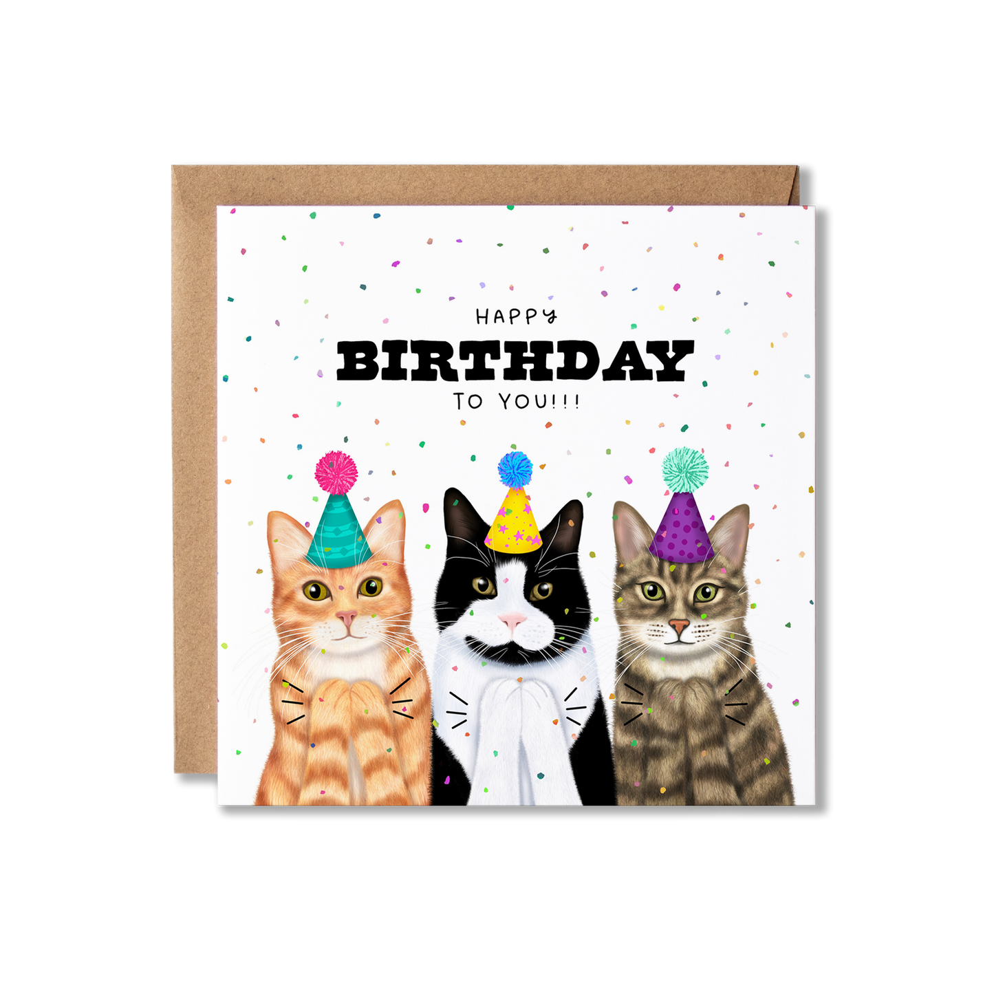Birthday card with illustration of three cats clapping with party hats on and confetti in the background with the message Happy Birthday To You.