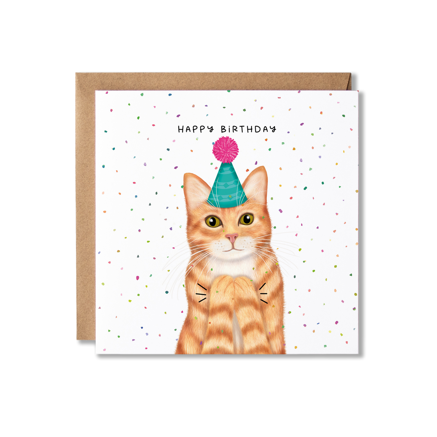 Birthday card with illustration of a ginger cat in a green party hat and pink bobble on top, clapping with confetti in the back ground and the message Happy Birthday.