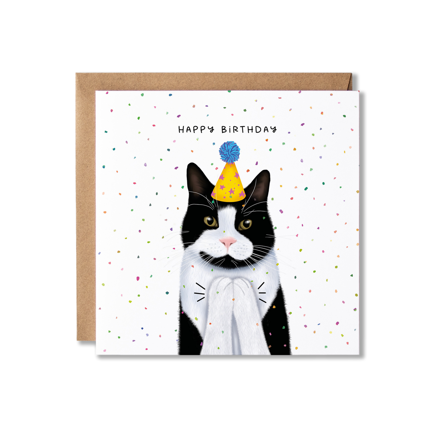 Birthday card with illustration of a black and white cat in a yellow party hat with a blue bobble on top, clapping with confetti in the background and the message Happy Birthday.