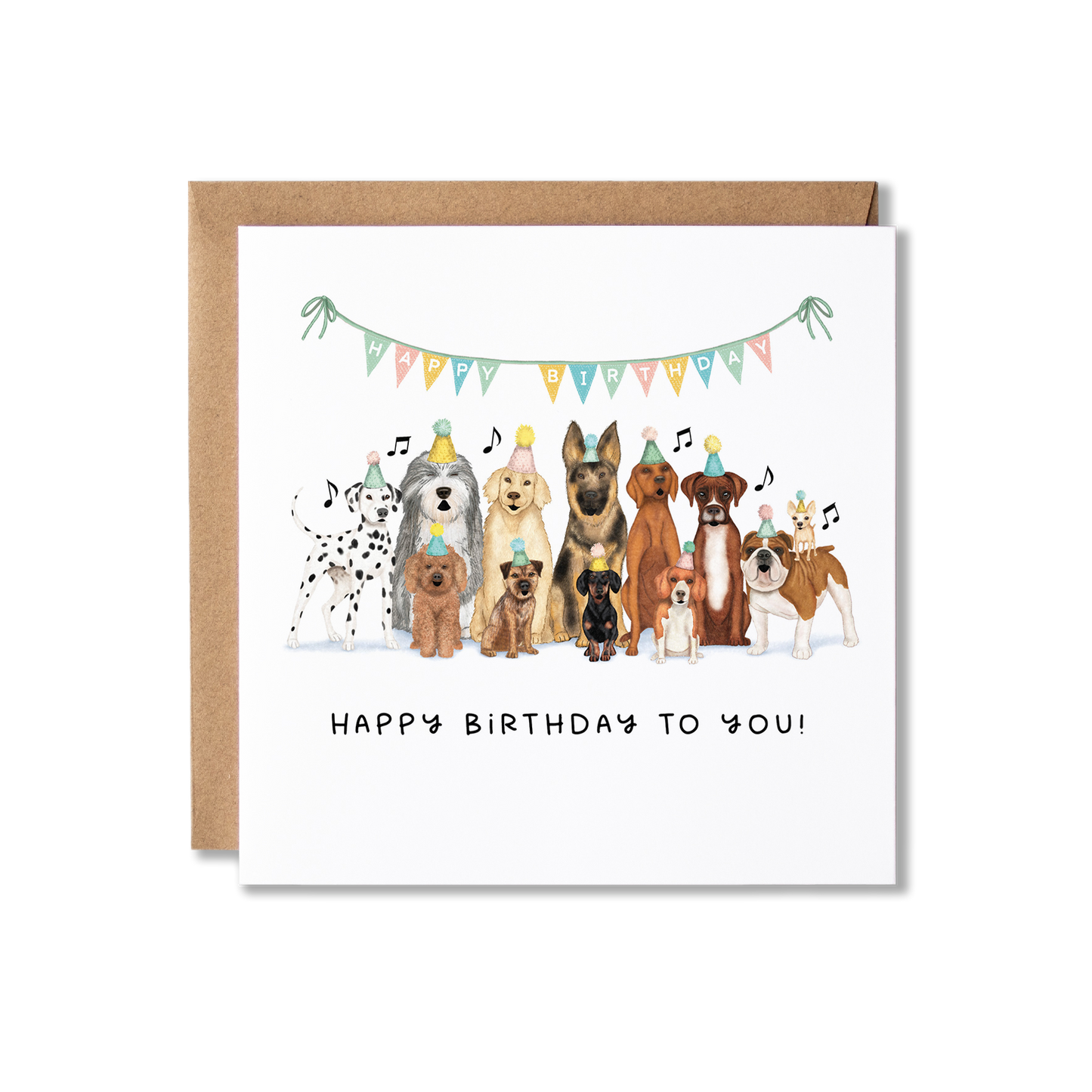 Birthday card with illustration of a group of dogs sat in a row wearing party hats and colourful bunting above them with Happy Birthday on, singing, with the message Happy Birthday to you.