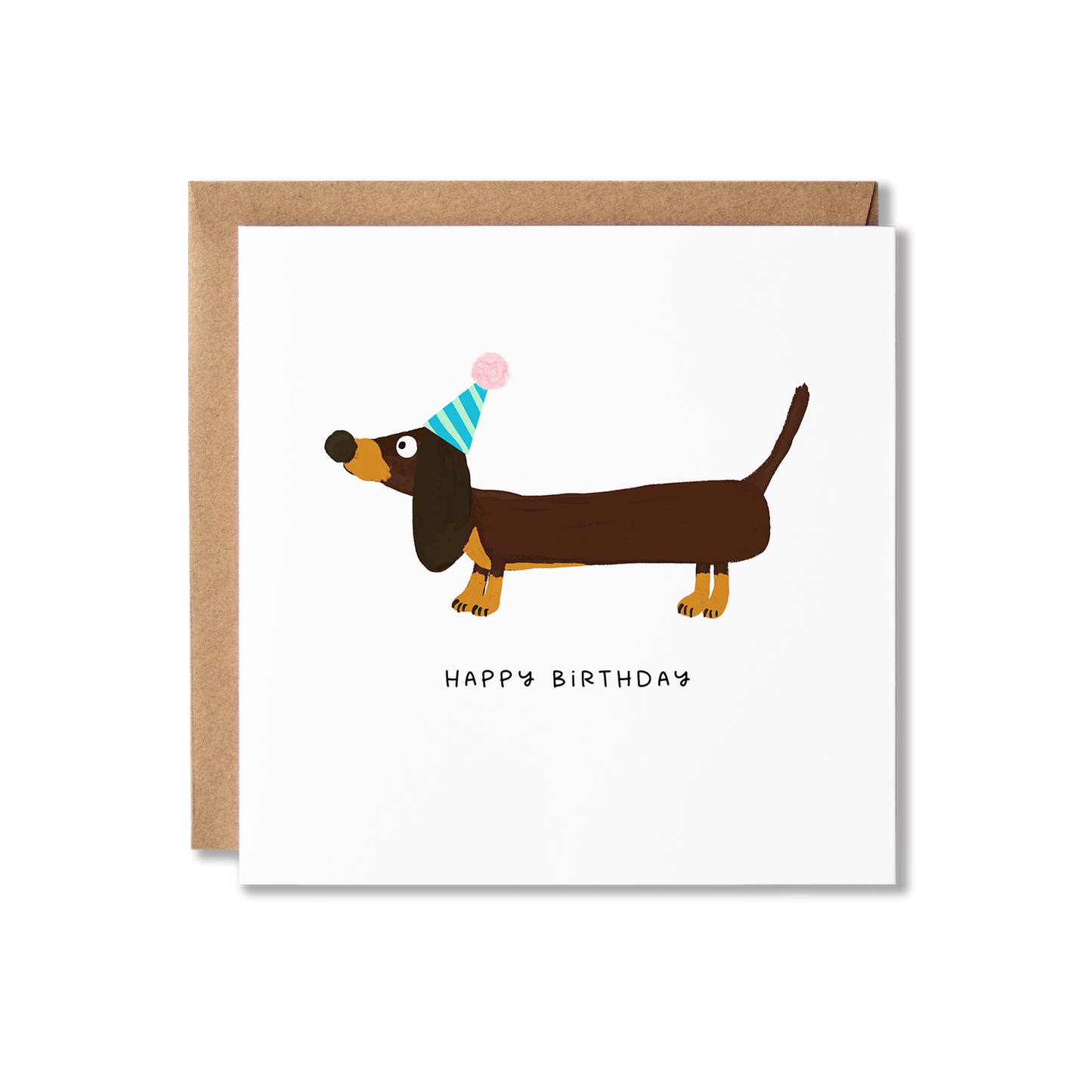 Birthday card with illustration of a dachshund sausage dog with a party hat on and underneath the message Happy Birthday.