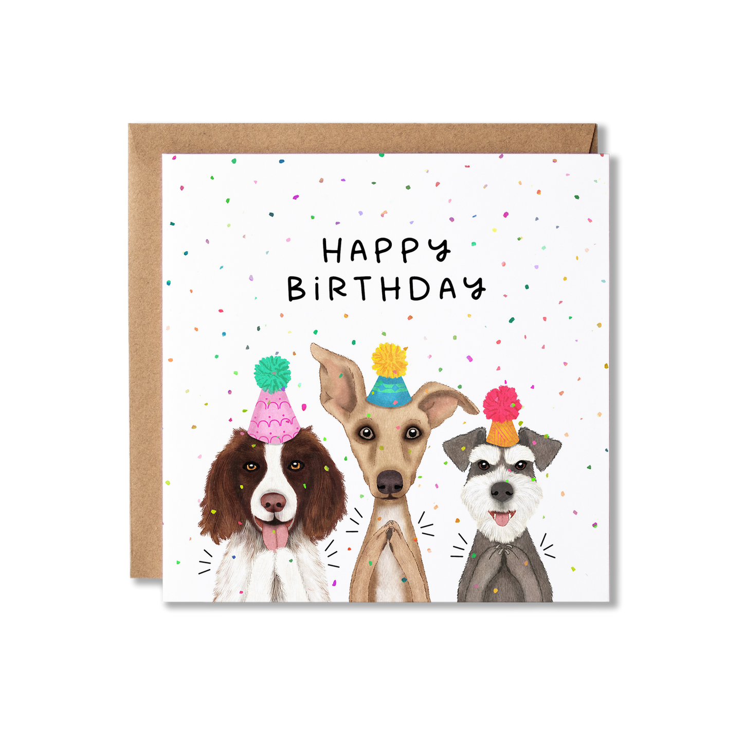 Birthday card with illustration of three dogs in party hats clapping and confetti in the background with the message Happy Birthday.