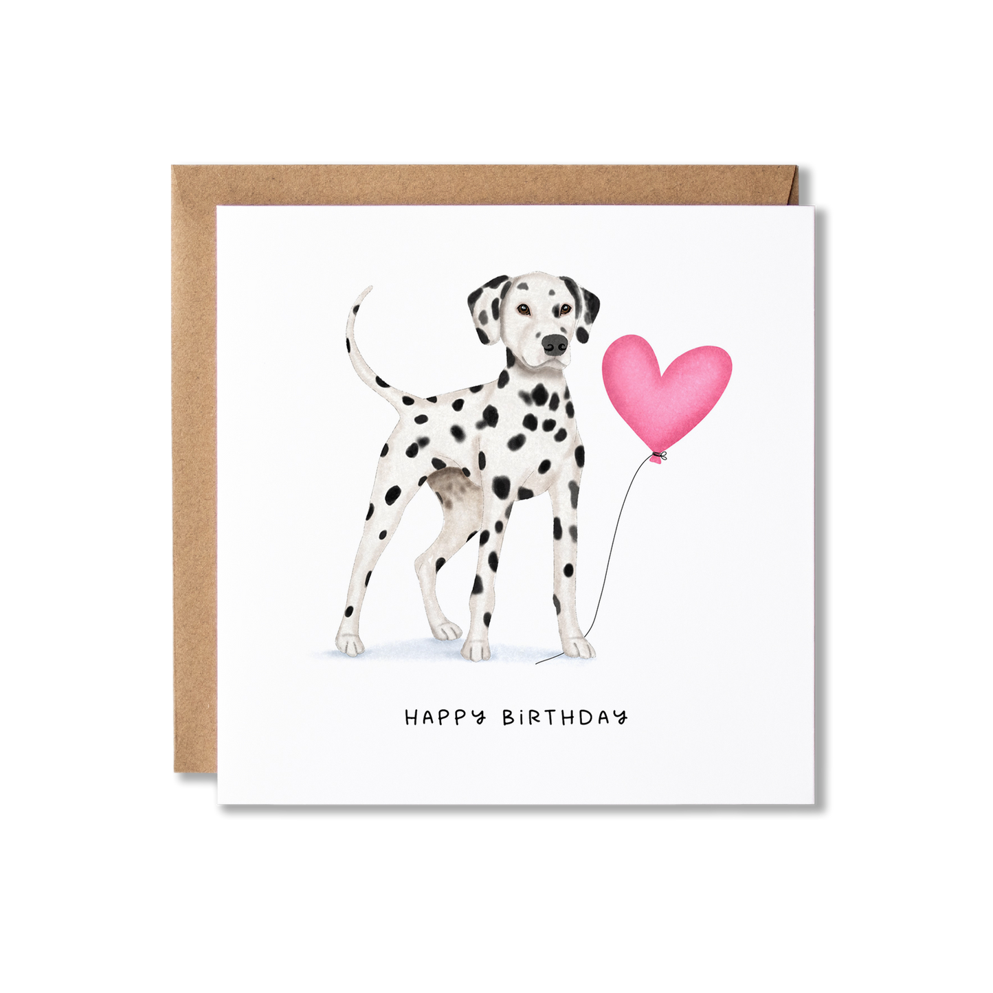 Birthday card with illustration of a Dalmatian dog standing holding a pink heart ballon and the message Happy Birthday.