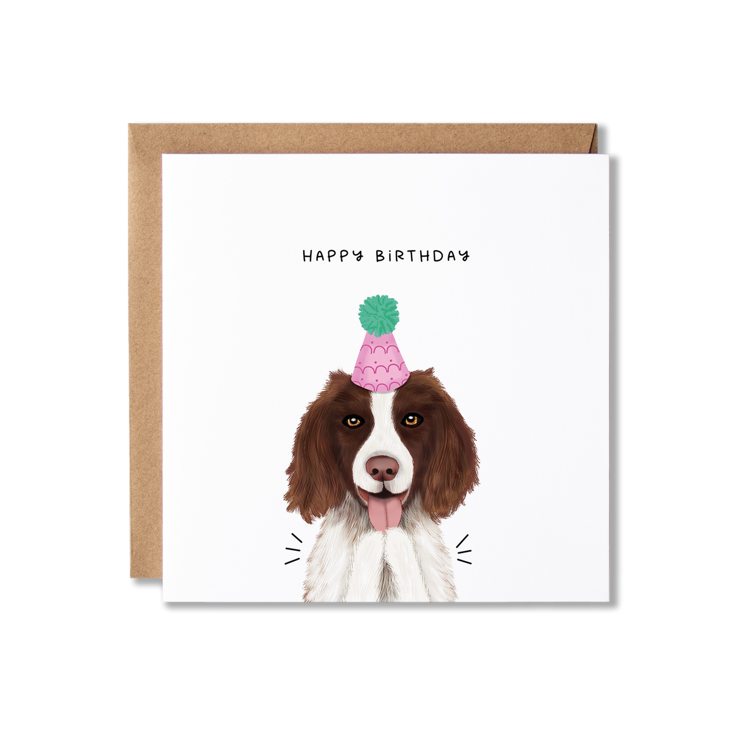 Birthday card with illustration of a Spaniel dog in a pink party hat with a green bobble on top, clapping with the message Happy Birthday.