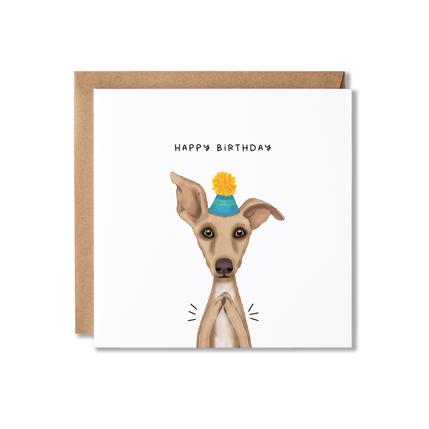 Birthday card with illustration of an Italian Greyhound dog in a blue party hat with a yellow bobble on top, clapping with the message Happy Birthday.