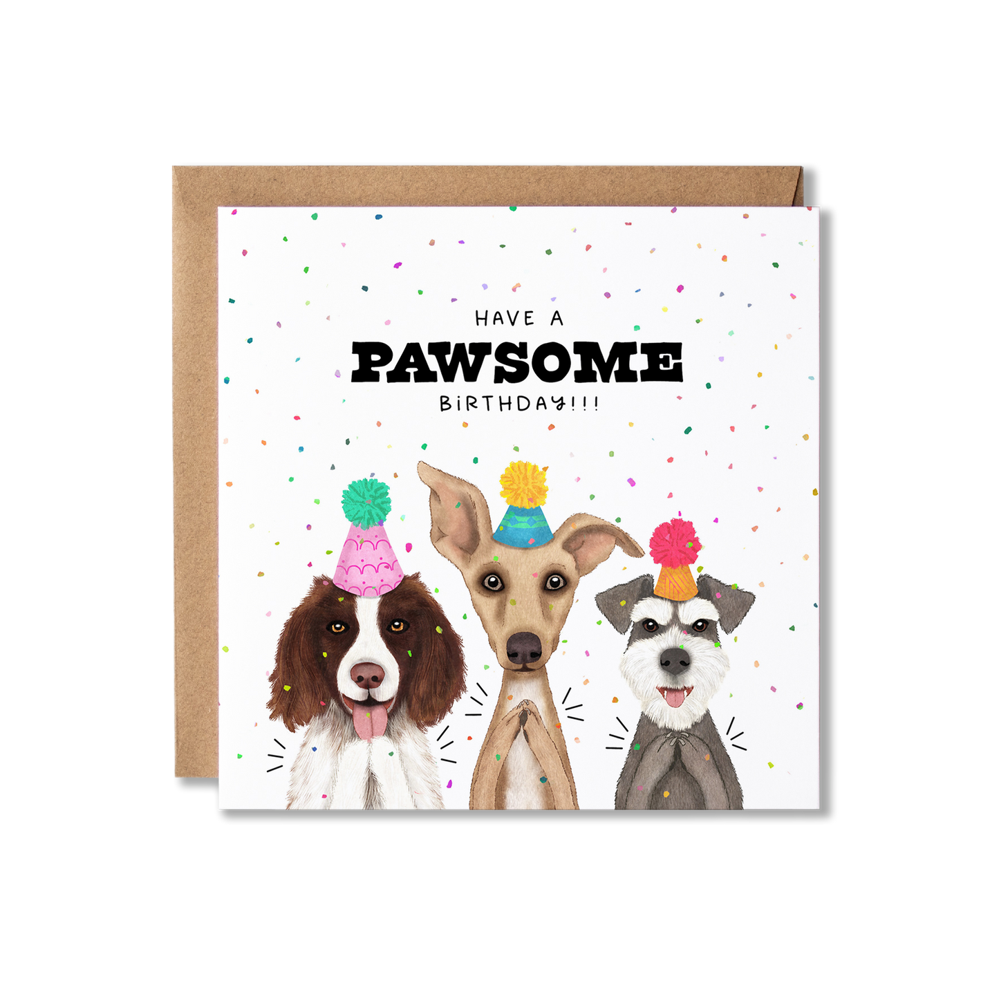 Birthday card with illustration of three dogs in party hats clapping and confetti in the background with the message Have a Pawsome Birthday.