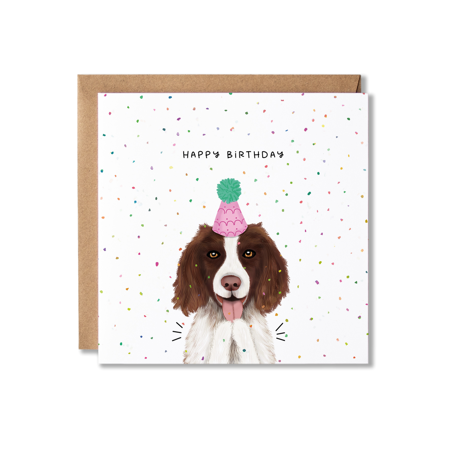 Birthday card with illustration of a Spaniel dog in a pink party hat with a green bobble on top, clapping with confetti in the background and the message Happy Birthday.