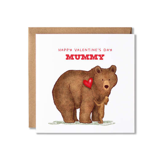 Valentine's Day card with illustration of a mummy bear with a baby cub standing in front of her looking up to her holding a red heart ballon and the message Happy Valentine's Day Mummy.