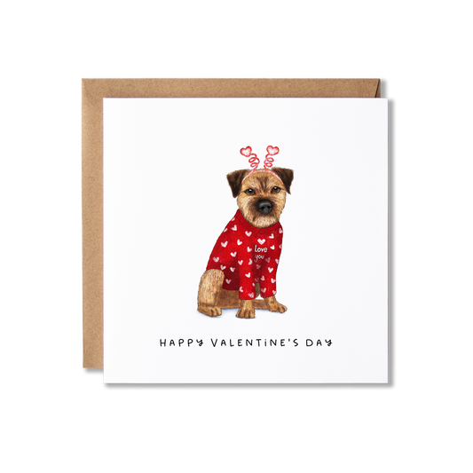 Valentine's Day card with illustration of a Border Terrier dog in a red heart jumper and heart bobblers on it's head with the message Happy Valentine's Day.