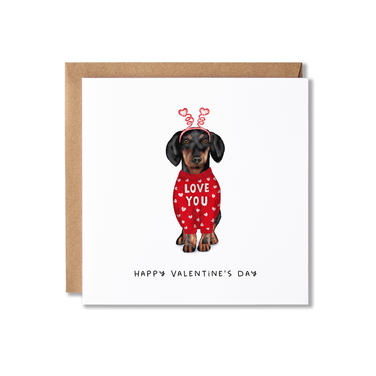 Valentine's Day card with illustration of a Dachshund sausage dog in a red jumper with white hearts and 'Love You' on it and wearing heart bobblers with the message Happy Valentine's Day.