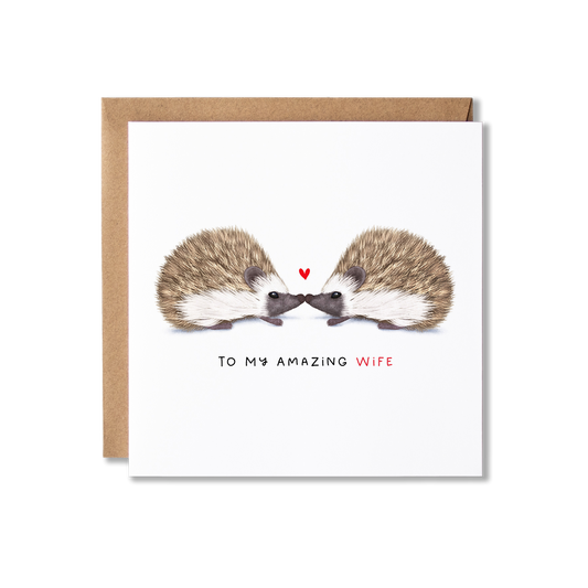Greeting card with illustration of a couple of hedgehogs looking at each other and a heart shape in between them with the message To My Amazing Wife.