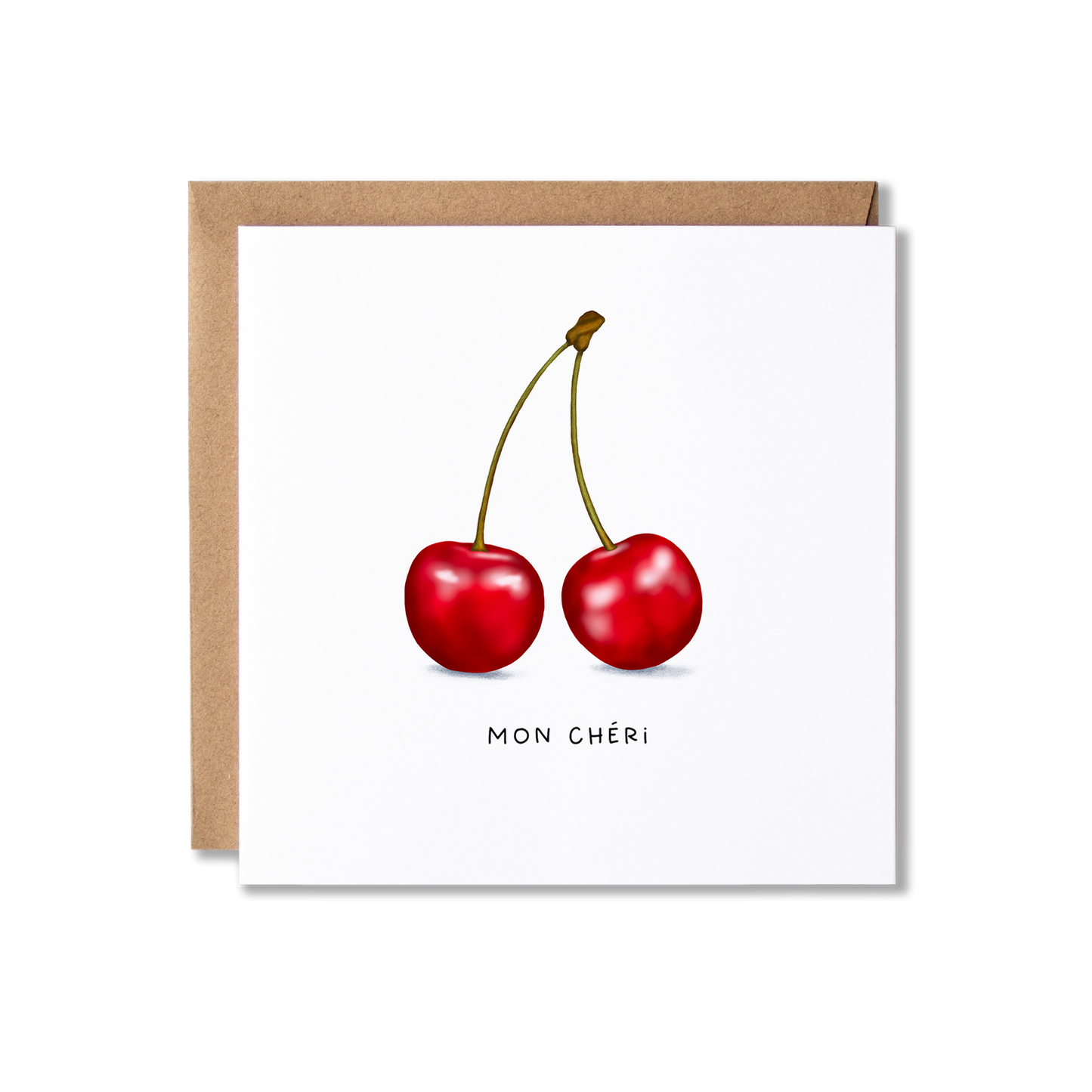 Greeting card with illustration of two red cherries and the message Mon Cherie underneath it.