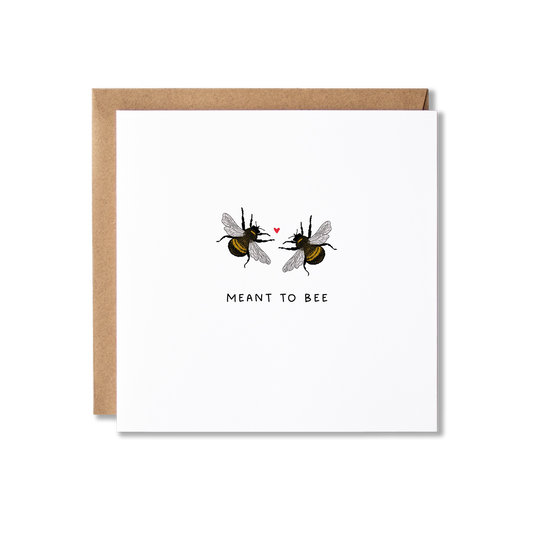 Wedding card with illustration of two bees and a small heart shape in between them with the message Meant to Bee underneath.