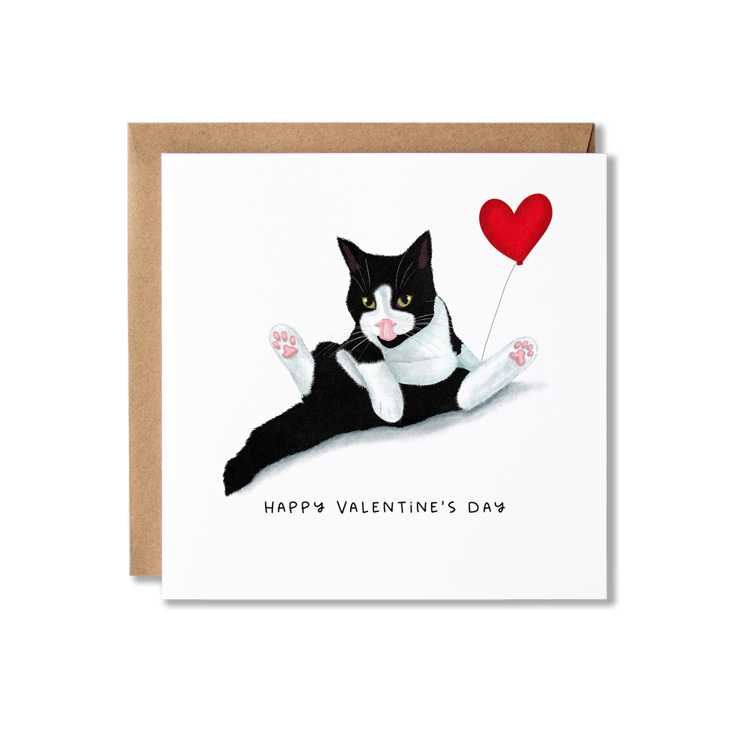 Black and white tuxedo cat sat licking, holding a red heart shaped balloon with the words Happy Valentine's Day written underneath.