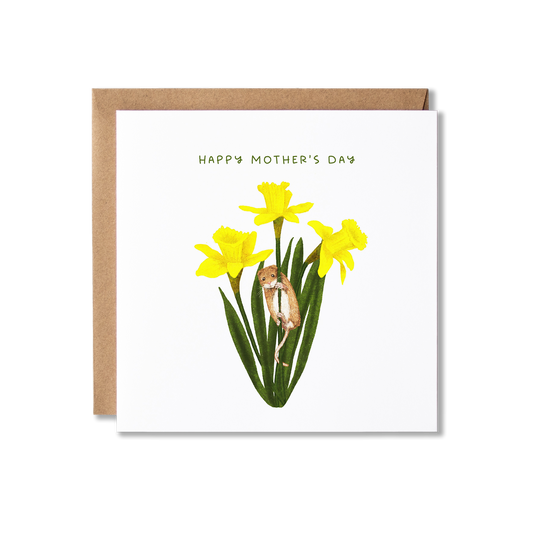 Mother's Day card with illustration of a mouse holding on to the stem of some daffodils with the message Happy Mother's Day.