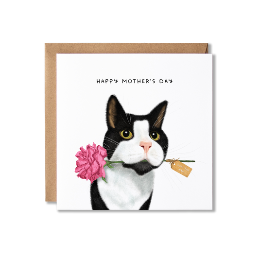 Mother's Day card with illustration of a black and white cat holding a pink rose in it's mouth with a brown paper tag on that says Love you xx and the message Happy Mother's Day.