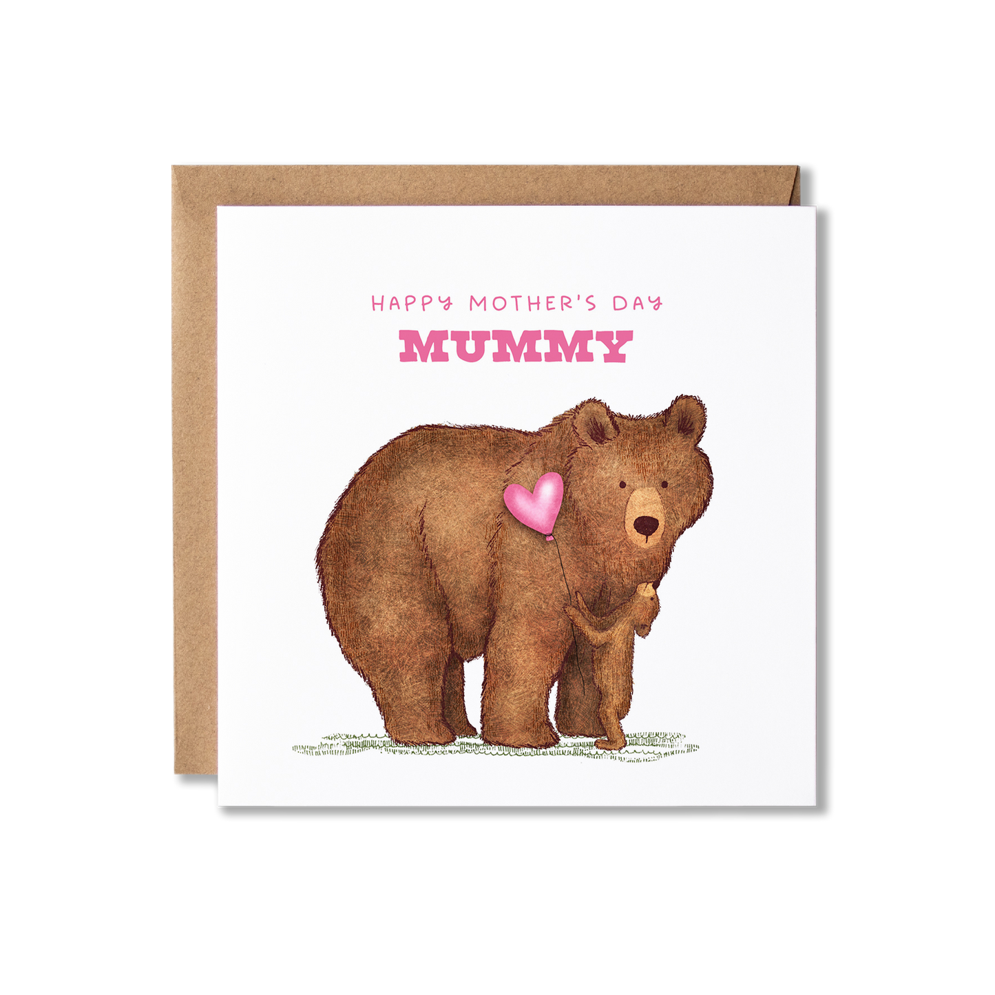 Mother's Day card with illustration of a mummy bear with a baby cub standing in front of her looking up to her holding a pink heart ballon and the message Happy Mother's Day Mummy in pink.