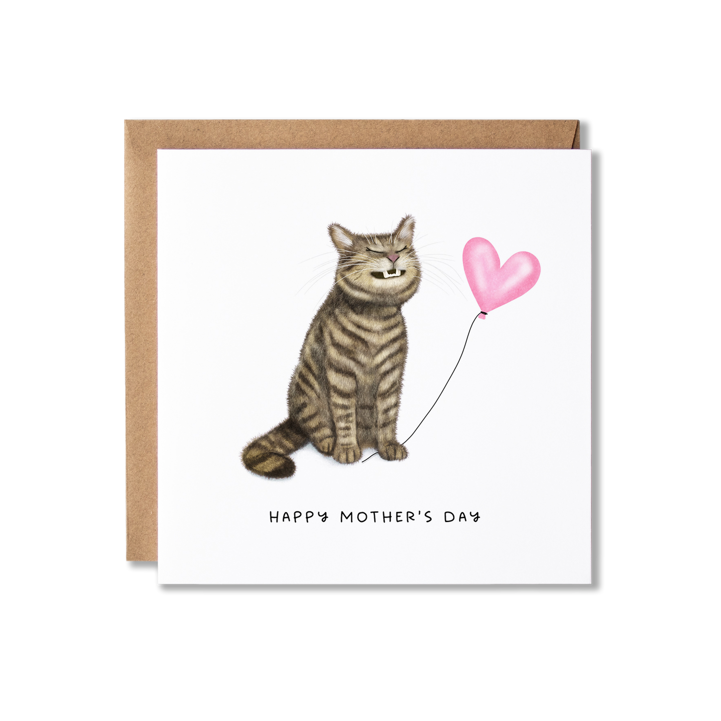 Mother's Day card with illustration of a tabby cat sat grinning holding a pink heart ballon the message Happy Mother's Day.