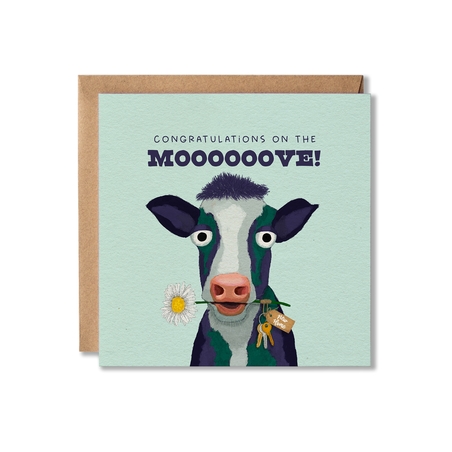 New Home card with illustration of a a cow with a daisy flowe in it's mouth with a tag attached to it that has New Home on it and keys dangling with the message Congratualtions on the Moooooove.