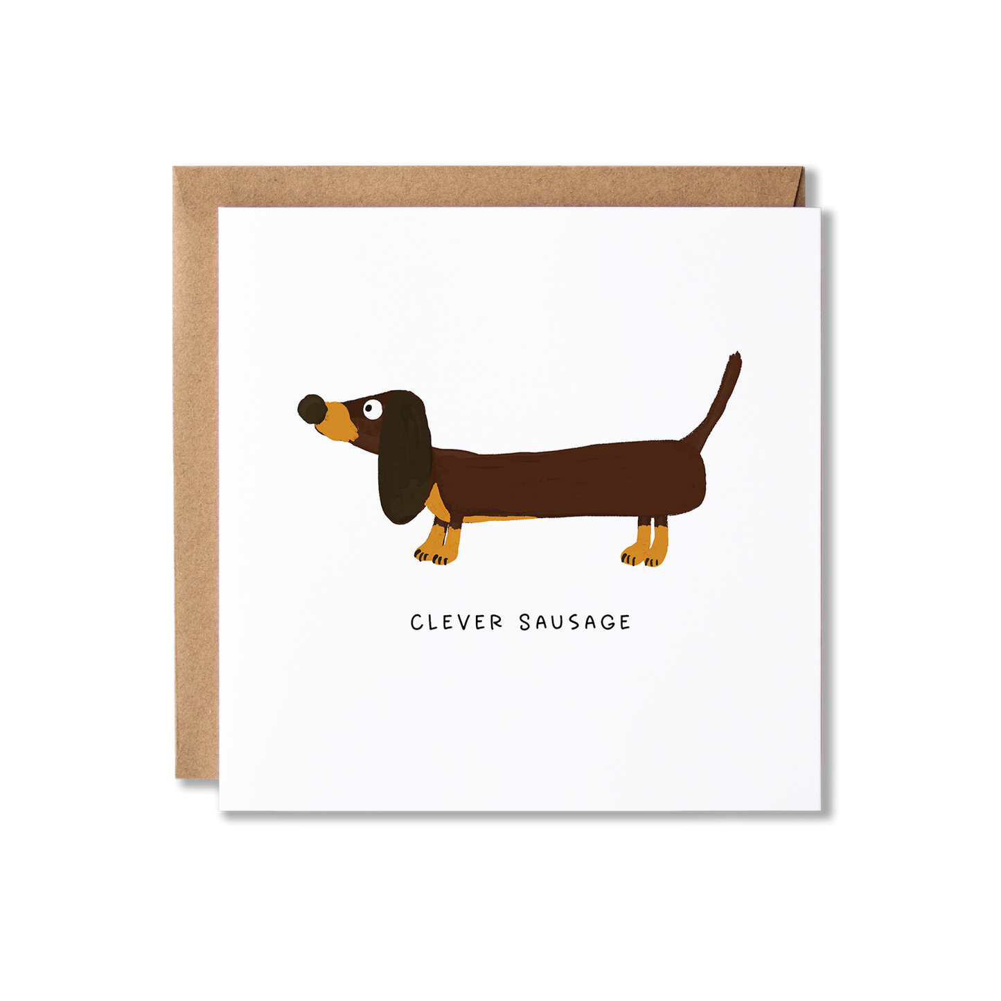 Well Done card with illustration of a Dachshund sausage dog on it with Clever Sausage written underneath.